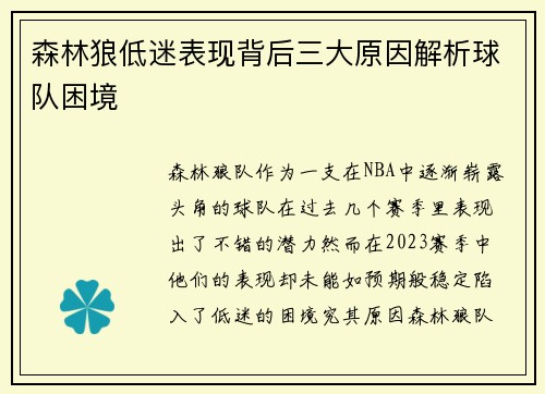 森林狼低迷表现背后三大原因解析球队困境