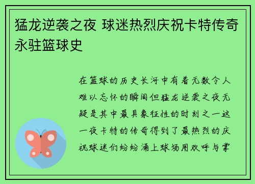 猛龙逆袭之夜 球迷热烈庆祝卡特传奇永驻篮球史